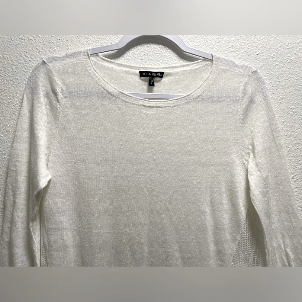 Eileen Fisher Hemp Blend Knit Sheer Long Sleeve Blouse Italian Yarn White Small - Picture 3 of 8